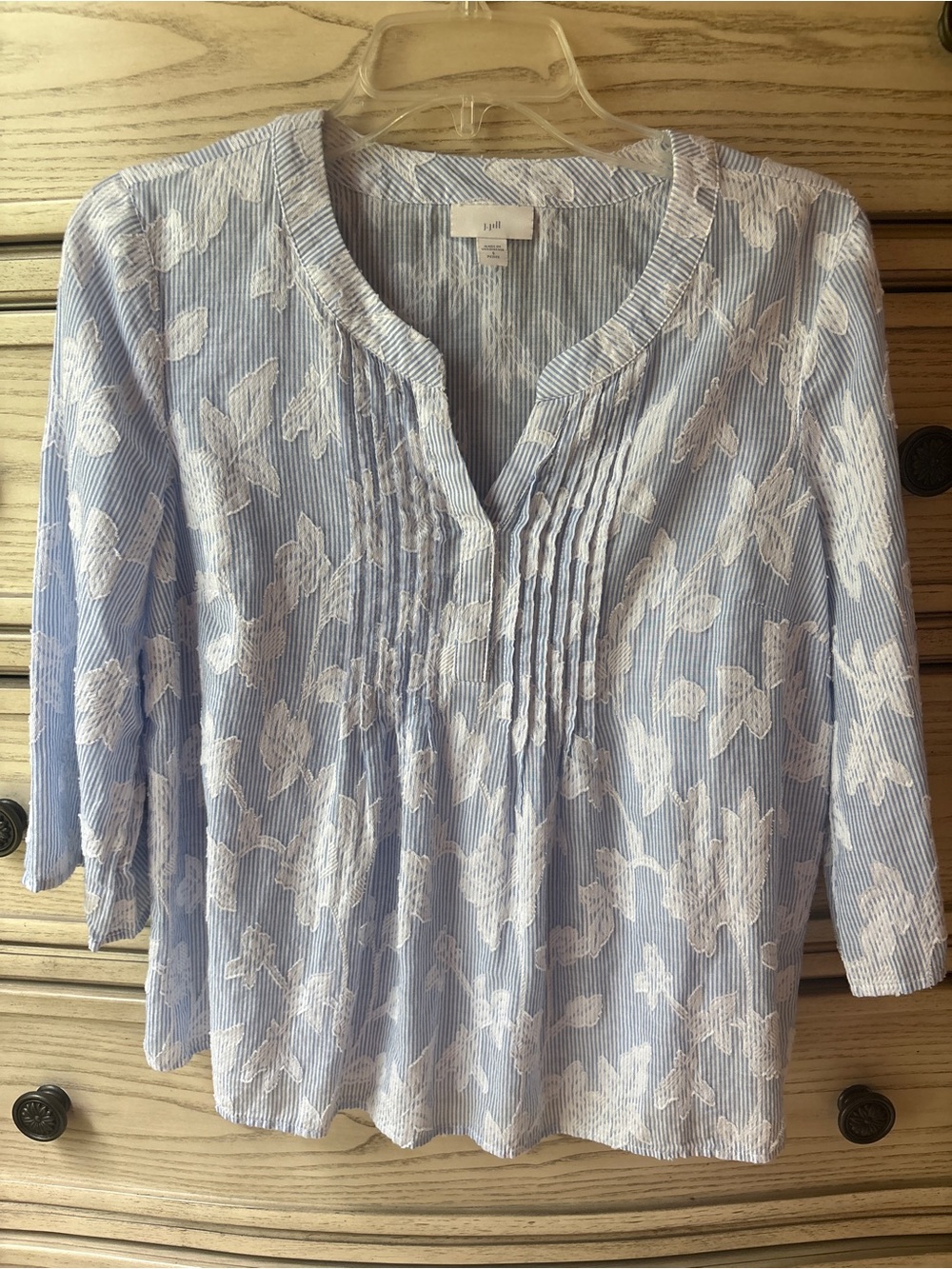 J. Jill Striped 100% Cotton Floral Top Small Blue White Coastal Cottage Boho